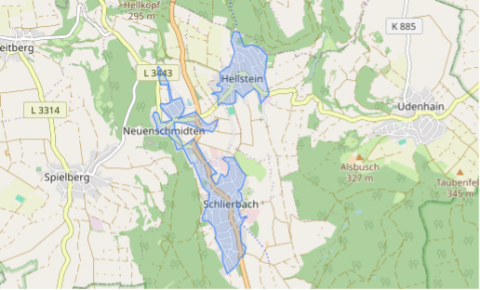 Karte des Glasfaserausbaus in Brachttal mit den markierten Ausbaugebieten Hellstein, Neuenschmidten und Schlierbach.