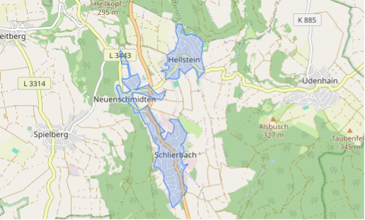 Karte des Glasfaserausbaus in Brachttal mit den markierten Ausbaugebieten Hellstein, Neuenschmidten und Schlierbach.